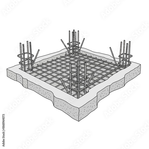 Foundation slab with rebar grid and column reinforcement.