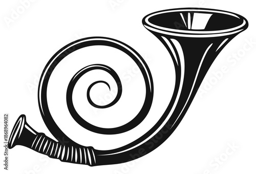 Elegant black and white illustration of a coiled hunting horn or bugle musical instrument with a flared bell