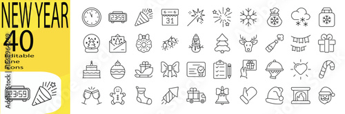 New Year icon set. Editable stroke.	
