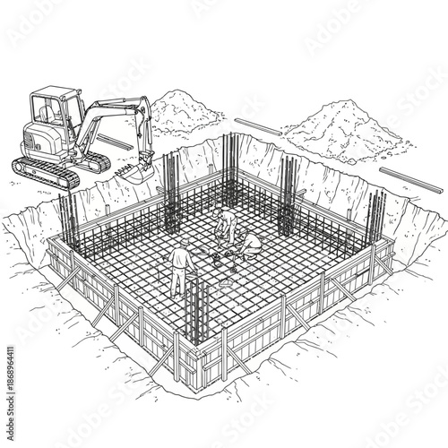 Foundation construction site with excavator and rebar.
