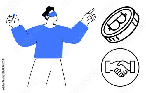 Cryptocurrency concept. Cryptocurrency highlighted with blockchain visuals, secure transactions, and virtual reality. Cryptocurrency transforming digital payments and agreements. For fintech, gaming