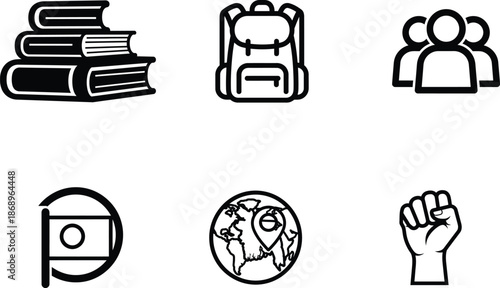line icons of books backpack people globe and hand