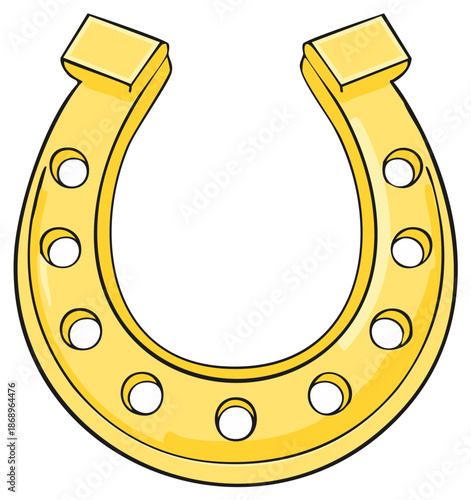 Golden horseshoe with holes for nails isolated on white background in cartoon style