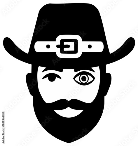 Funny character with a beard and cowboy hat winking, minimalist black and white portrait