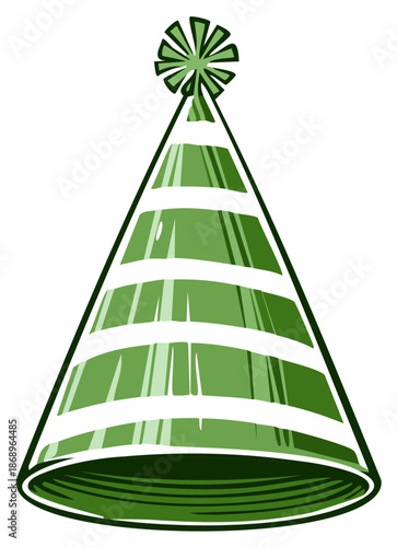Festive green striped celebration cone hat with playful starburst top for parties