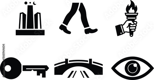 Set of various black silhouette icons on white background including cityscape legs torch key bridge and eye