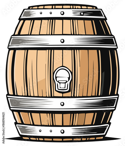 Classic wooden barrel illustration with metal bands and tap hole perfect for beverage storage