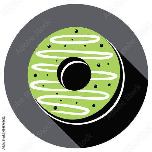 Illustration of a delicious green frosted donut with white drizzled icing and sprinkles, shadow
