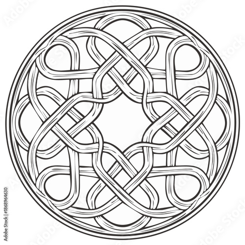 Intricate Celtic knot design inside circular frame. Black and white illustration.