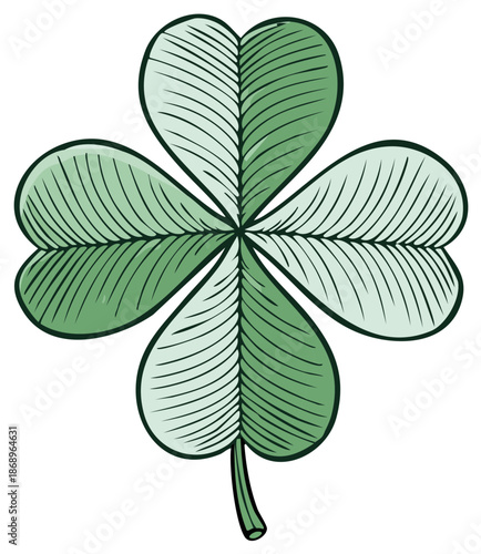 Green four leaf clover illustration with detailed lines and shading symbolizing good luck