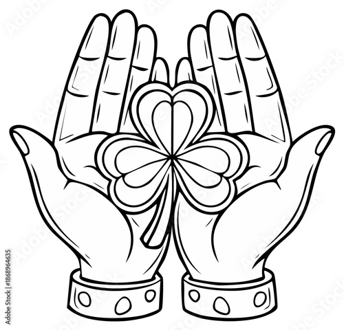 Lucky Shamrock held in hands illustration in black and white lines