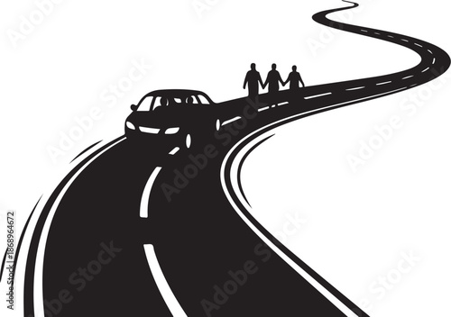 Silhouette of car and people on winding road