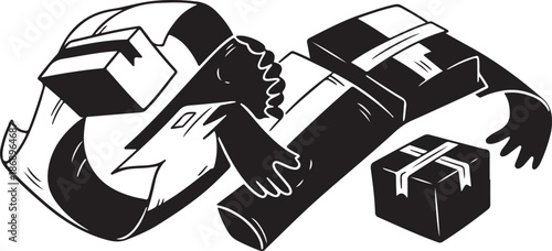 Robot lying down with gifts and wrapping paper