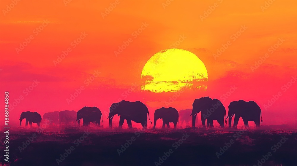 Fototapeta premium African Sunset: Elephants Silhouetted Against a Vibrant Sky