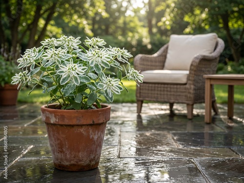 A potted plant with striking white and green variegated leaves sits on a wet stone patio beside an outdoor wicker