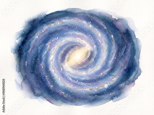 A vivid watercolor painting captures a swirling blue and purple spiral galaxy with bright stars and a glowing core