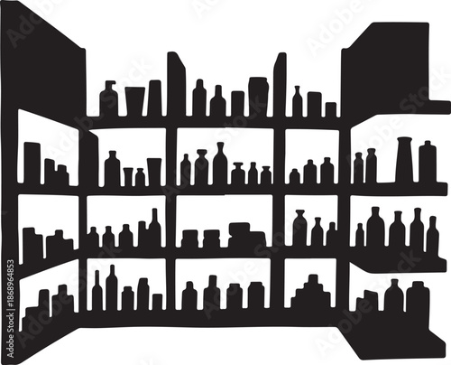 Black silhouette cityscape on shelves in white background