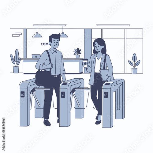 A flat 2D graphic scene illustrates two young professionals entering the corporate office lobby via automated turnstiles, showcasing their bright morning routine with laptops and reusable coffee cups