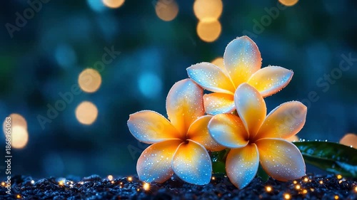 Close-up of vibrant plumeria blossoms with water droplets against bokeh backdrop