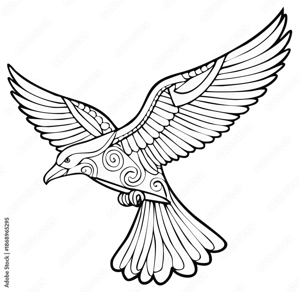 Obraz premium Stylized Decorative Bird in Flight Line Art Illustration with Elegant Ornate Patterns