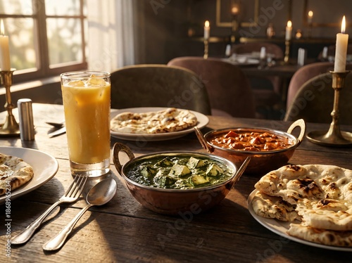 A table spread with delicious Indian food including green palak paneer red curry naan bread and mango lassi