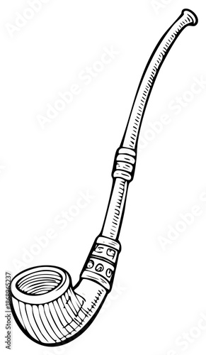 Classic long stem smoking pipe with ribbed bowl sketch drawing illustration