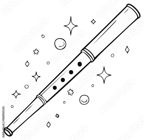 Magical flute musical instrument coloring book page with sparkles and stars