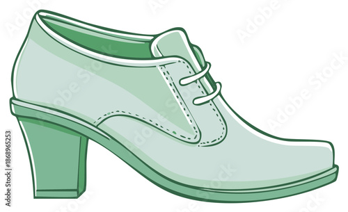 Stylish green women's shoe with laces and a block heel, a modern fashion illustration
