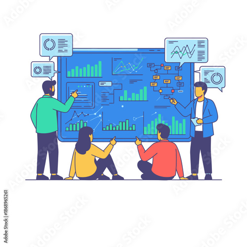 Diverse colleagues analyze complex data graphs and flowcharts on a glowing massive screen, highlighting dynamic teamwork and innovation in this vibrant Flat 2D graphic illustration