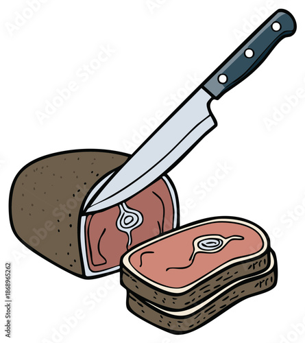 Sharp kitchen knife slicing through a large raw beef roast revealing juicy red meat and steak slices