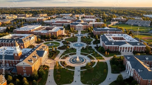 Aerial view of a university campus featuring a central fountain, symmetrical buildings, and manicured green spaces.