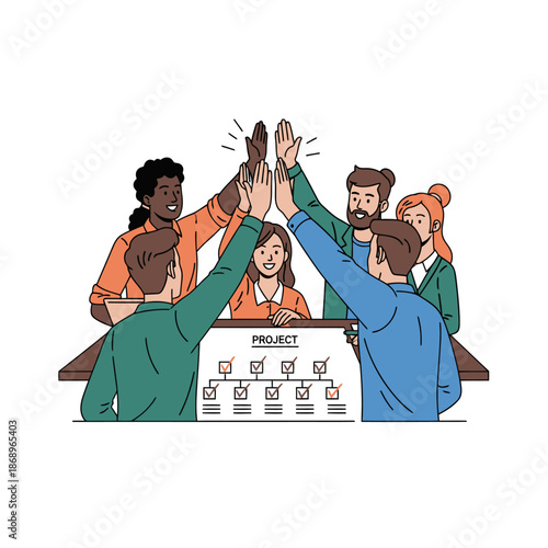 Diverse team of four employees celebrating a successfully completed project deadline with high fives over a desk displaying a final timeline, depicted in a vibrant 2D flat graphic illustration