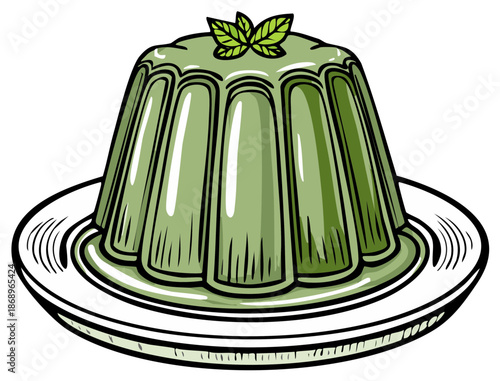 Classic molded green jelly pudding with a fresh mint garnish illustration