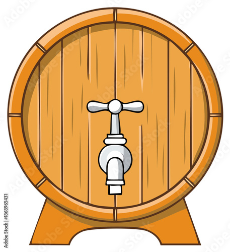Cartoon Wood Barrel with Spigot for Serving Drinks like Wine or Whiskey on Stand with Brown Texture