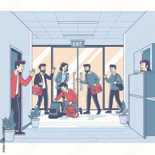 Employees leaving the office corridor at the end of the workday, packing bags and waving goodbye in a friendly 2D flat graphic illustration of daily routine and work life balance