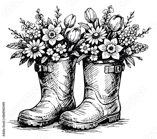 Hand drawn illustration of rain boots depicting a bouquet of spring flowers for gardening