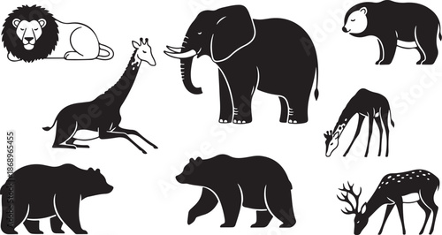 Black silhouettes of various wild animals on white background