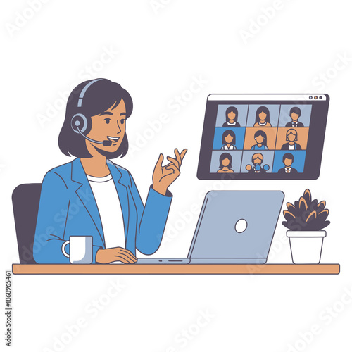 Flat 2D graphic A vibrant young female professional wears a headset, gesturing positively during an important conference call in her clean home office, illustrating effective remote communication