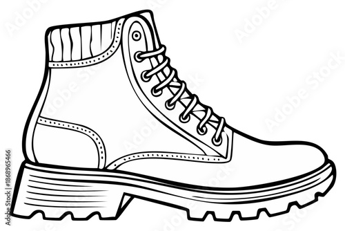 Black and white hand-drawn illustration of a leather boot with shoelaces