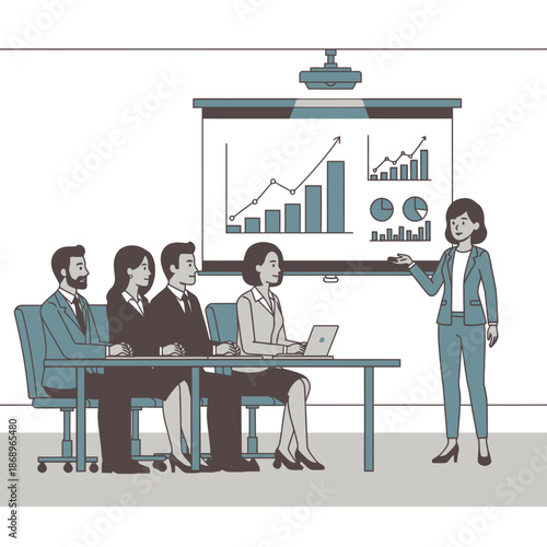 Flat 2D graphic illustration captures a confident young woman presenting successful quarterly results and upward trending graphs to attentive managers in a spacious meeting room