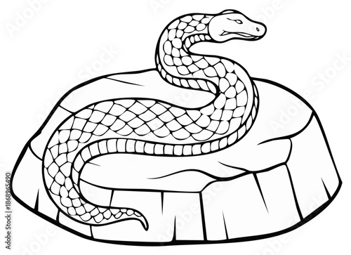 Stylized black and white illustration of a coiled snake with scales resting on a flat rock