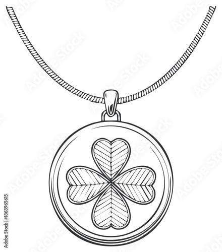 Outline drawing of a circular pendant featuring a lucky four-leaf clover on a necklace chain