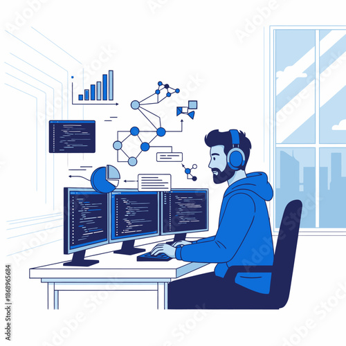Focused software developer intensely coding on multiple screens, wearing noise canceling headphones in a modern open office, depicted in a vibrant 2D flat graphic scene symbolizing deep concentration