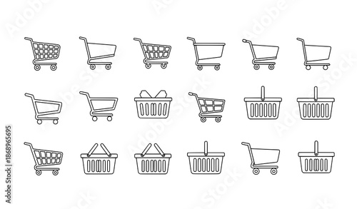 Shopping cart wireframe icon set linear trolley and basket symbols vector illustration for UI design