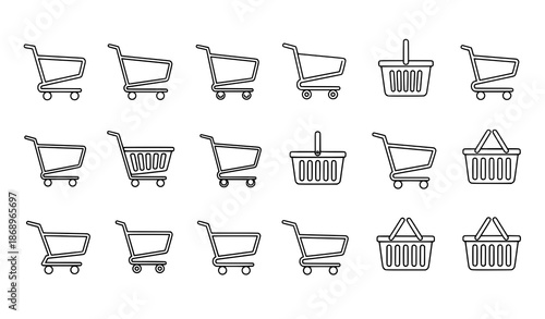 Minimal shopping cart linear icon set trolley and grocery basket outline vector illustration for e-commerce