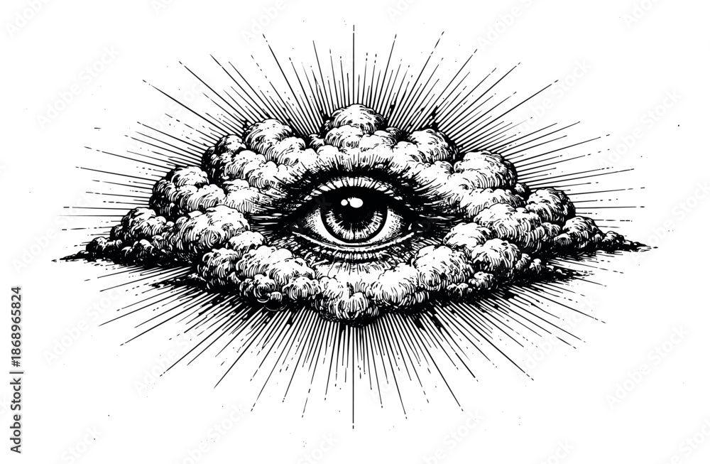 Obraz premium Hand drawn line art illustration of an all-seeing eye of providence with clouds and rays depicting enlightenment and spiritual protection for mystical and esoteric concepts