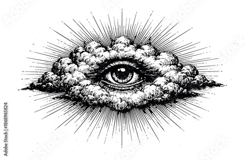 Hand drawn line art illustration of an all-seeing eye of providence with clouds and rays depicting enlightenment and spiritual protection for mystical and esoteric concepts