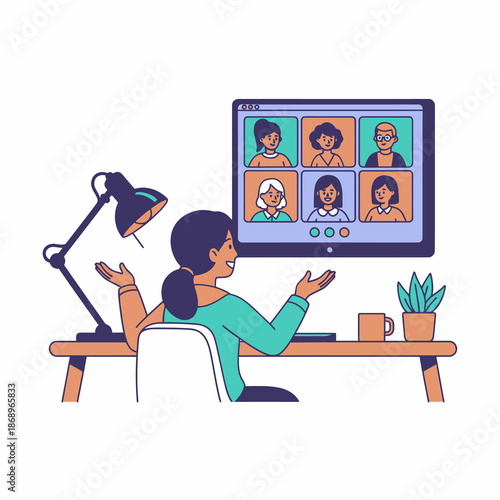 Happy young woman efficiently conducting a high stakes global corporate motion conference meeting from her stylish home office in a vibrant Flat graphic illustration