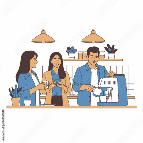 Positive happy colleagues laughing and casually chatting while enjoying a coffee break in a brightly lit corporate kitchen, rendered as a vibrant flat 2D graphic scene