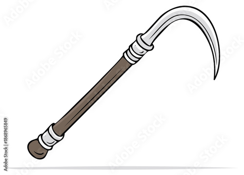 Cartoon Illustration of a Sickle with a Curved Blade and Wooden Handle